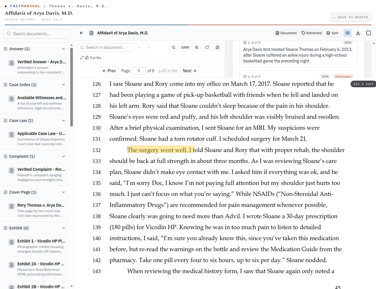 A sworn statement open in FactMarshal's source viewer at page 45, with the cited testimony highlighted at its exact line and an extracted-facts rail alongside, each fact tagged by party and page