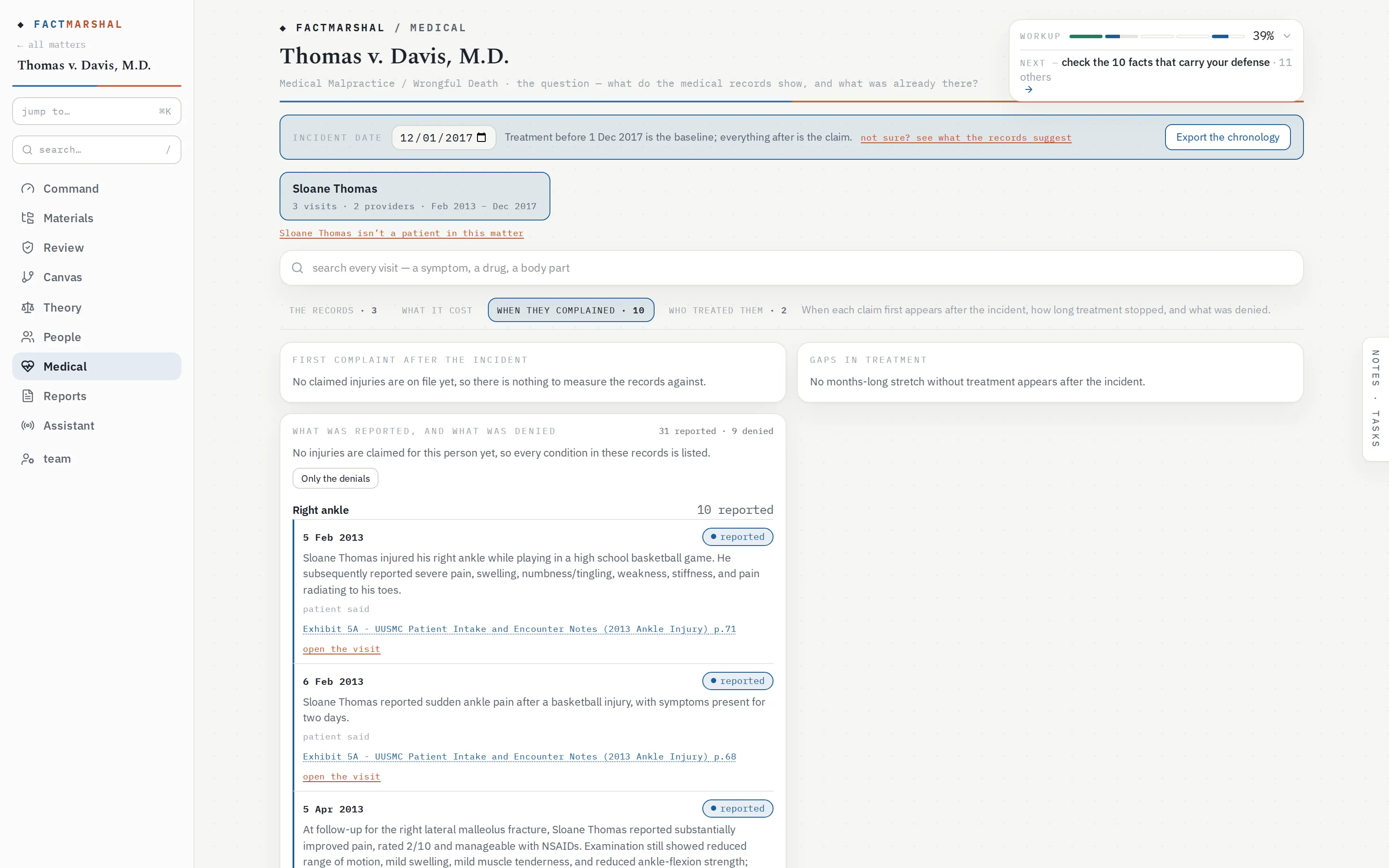 FactMarshal's when-they-complained reading of a fictional matter's medical records: first complaint after the incident, treatment-gap check, and every reported or denied symptom dated and cited to its source page