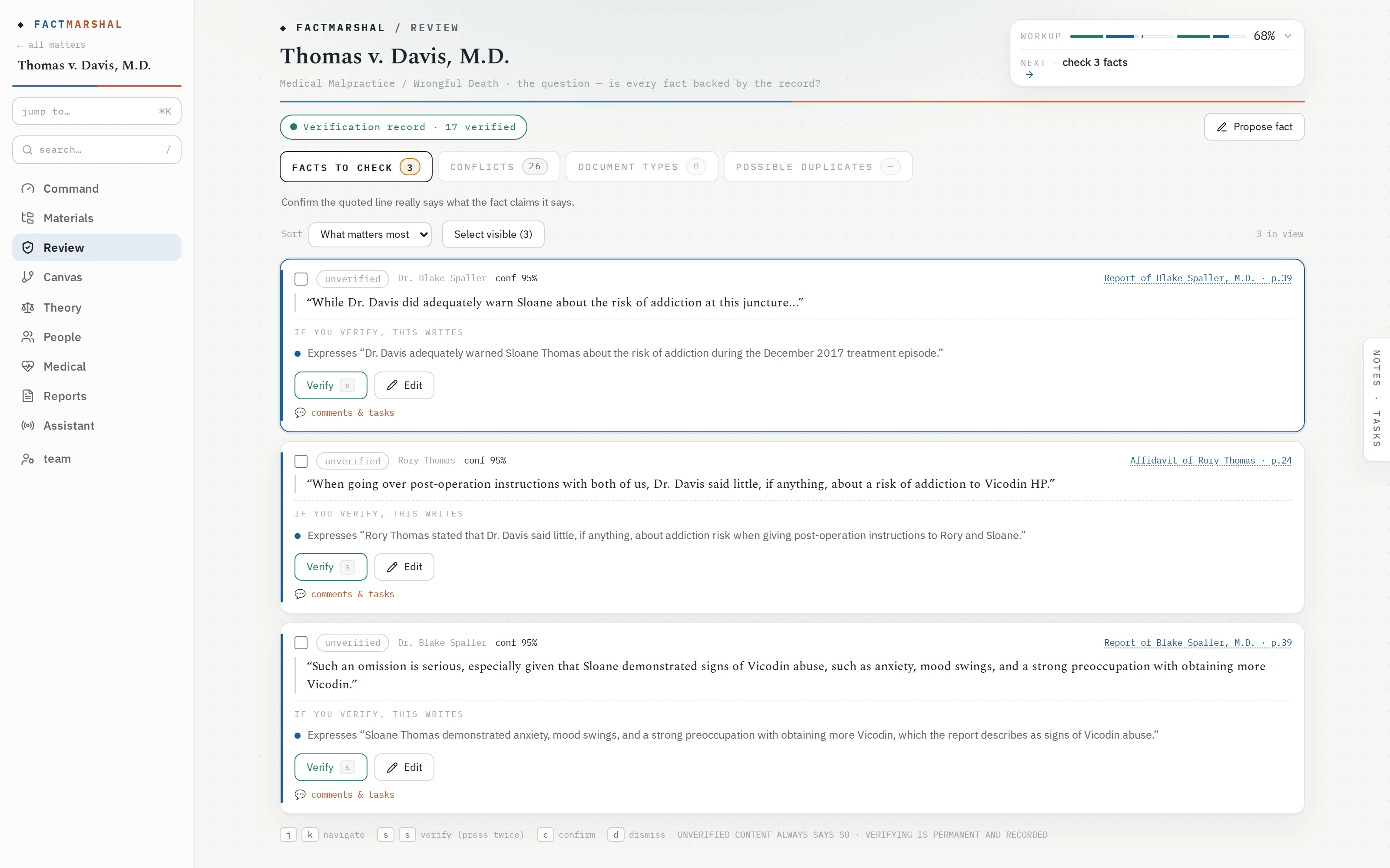 FactMarshal's Review queue: unverified extracted facts shown with their quoted source lines and page citations, a preview of what verifying writes, and a notice that verification is permanent and recorded